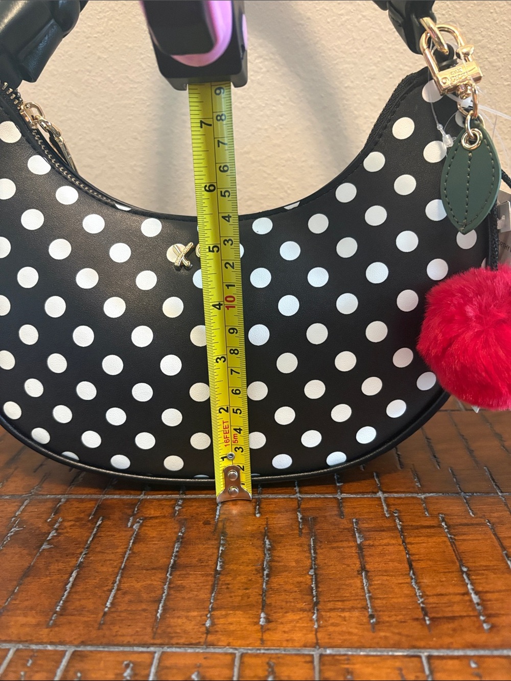 Betsey Johnson Black & White Polka Dot Crescent Shoulder Bag with Cherry Charm - Picture 15 of 16